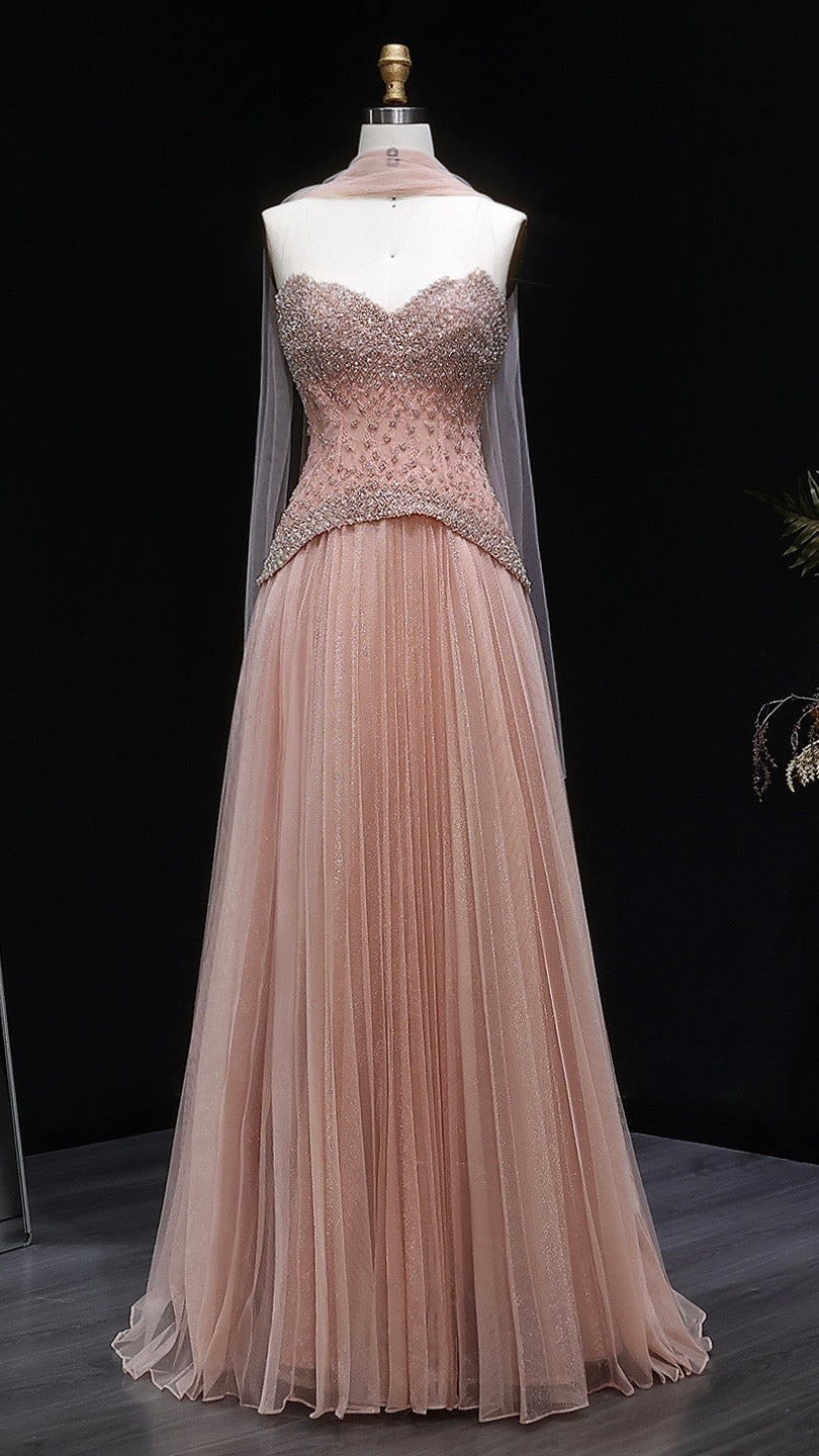 Luxury Dusty Pink Pearl Beaded A-Line Evening Dress With Scarf
