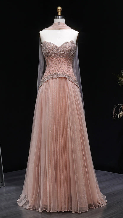 Luxury Dusty Pink Pearl Beaded A-Line Evening Dress With Scarf