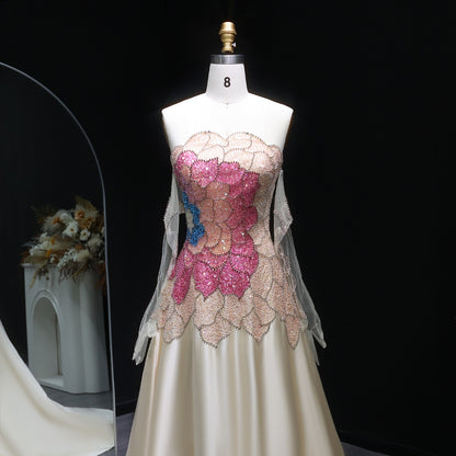 Elegant Satin A-Line Gown – Strapless Floral Beaded Bodice with Sheer Gloves