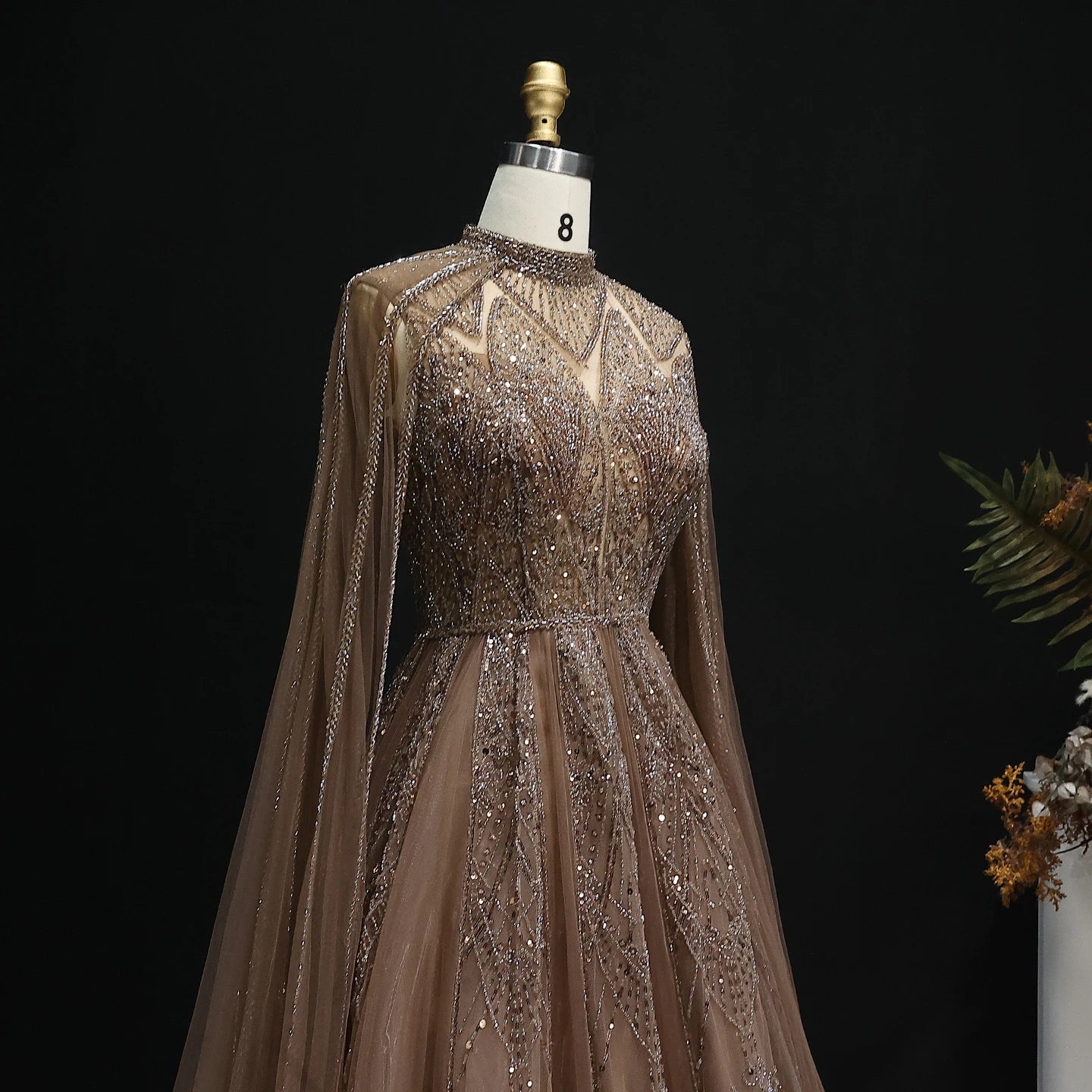 Luxury Evening Dress with Cape Sleeves Brown