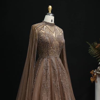 Luxury Evening Dress with Cape Sleeves Brown