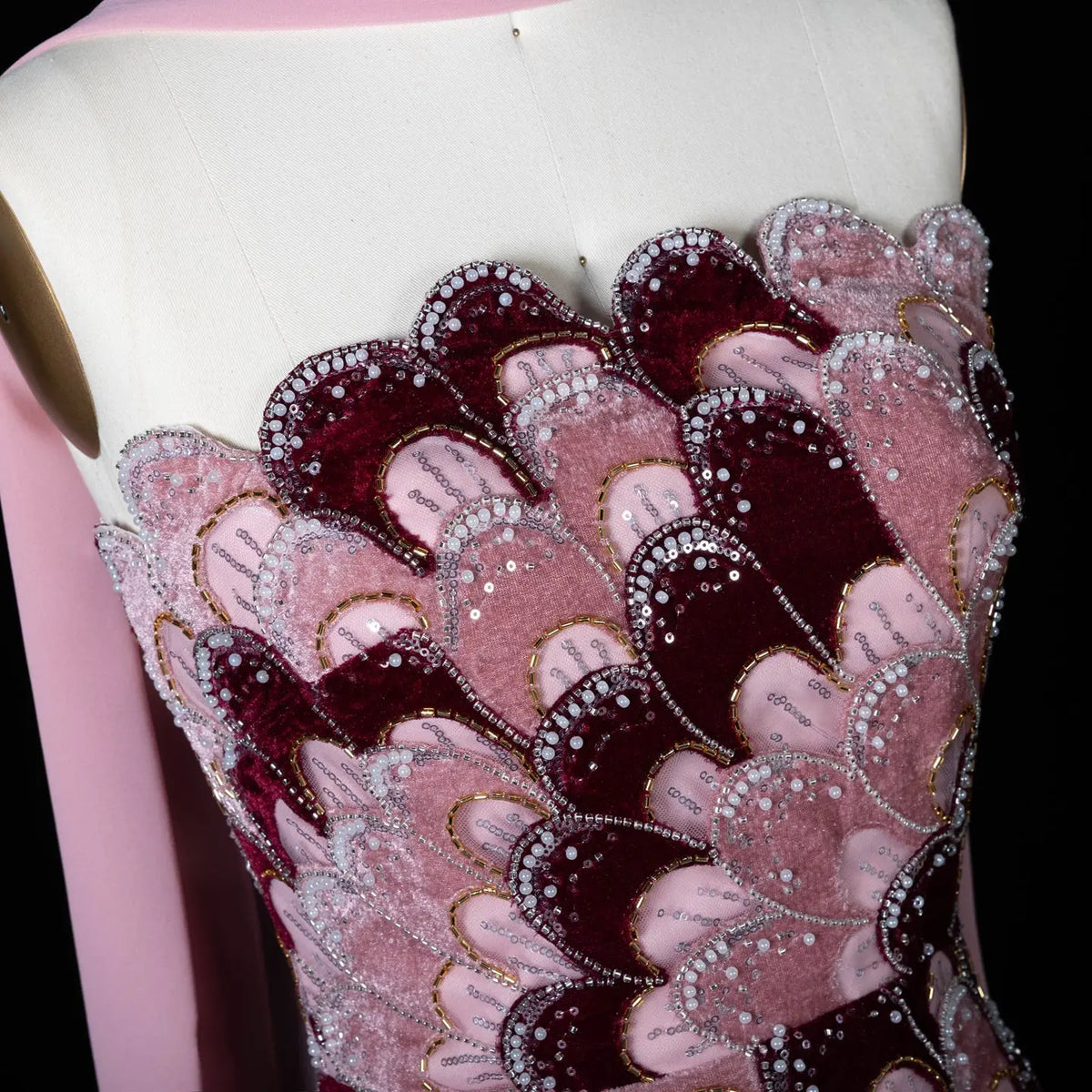 Elegant Strapless Dress with Scalloped Beadwork and Statement Cape