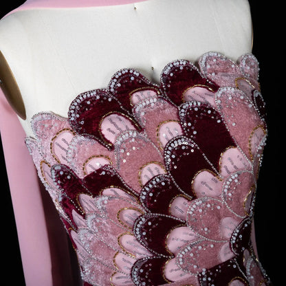 Elegant Strapless Dress with Scalloped Beadwork and Statement Cape