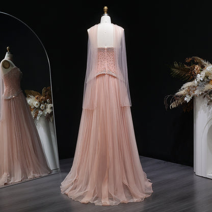 Luxury Dusty Pink Pearl Beaded A-Line Evening Dress With Scarf