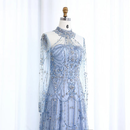 Blue Long Sleeves High Neck Luxury Evening Dress
