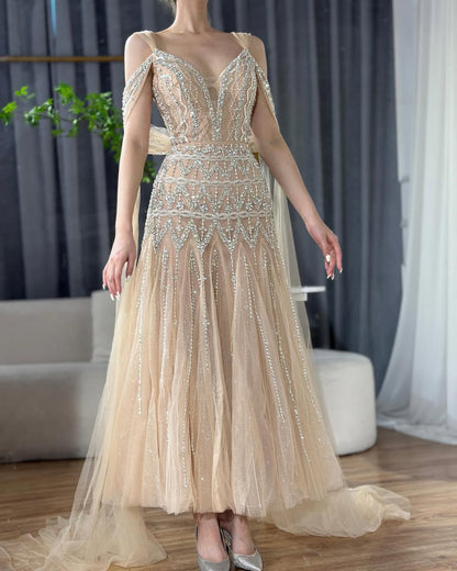 Nude chiffon midi dress