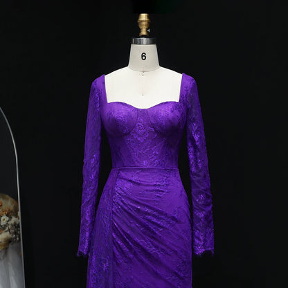 Purple Lace Pleated with Long Sleeves Side Slit