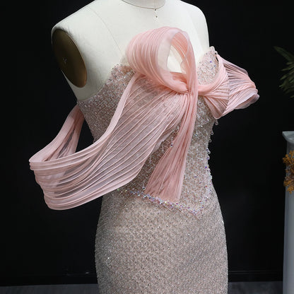 Luxury Off Shoulder Blush Pink Chic Evening Dress