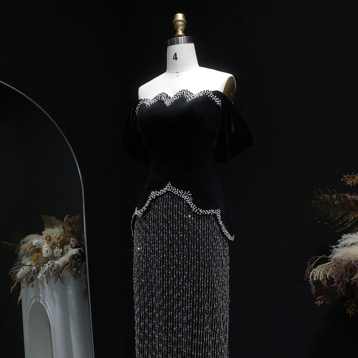Black Velvet Pearl-Embellished Evening Gown