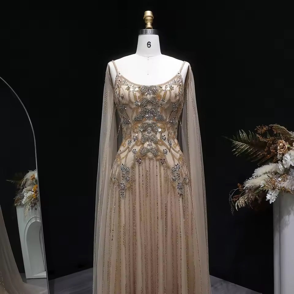 Luxury Champagne Crystal Evening Gown with Sheer Cape