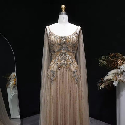 Luxury Champagne Crystal Evening Gown with Sheer Cape