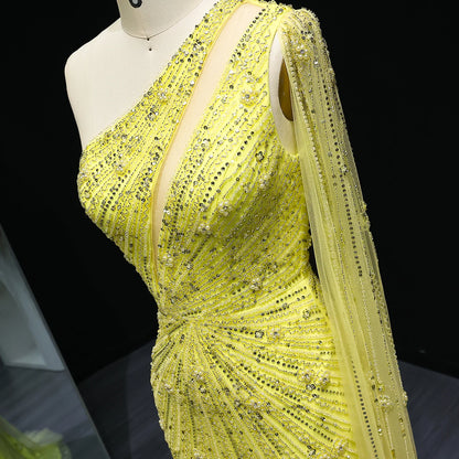 Radiant One-Shoulder Beaded Evening Gown – Elegant Slit Formal Dress