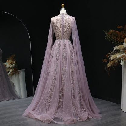 Luxury Evening Dress with Cape Sleeves Brown