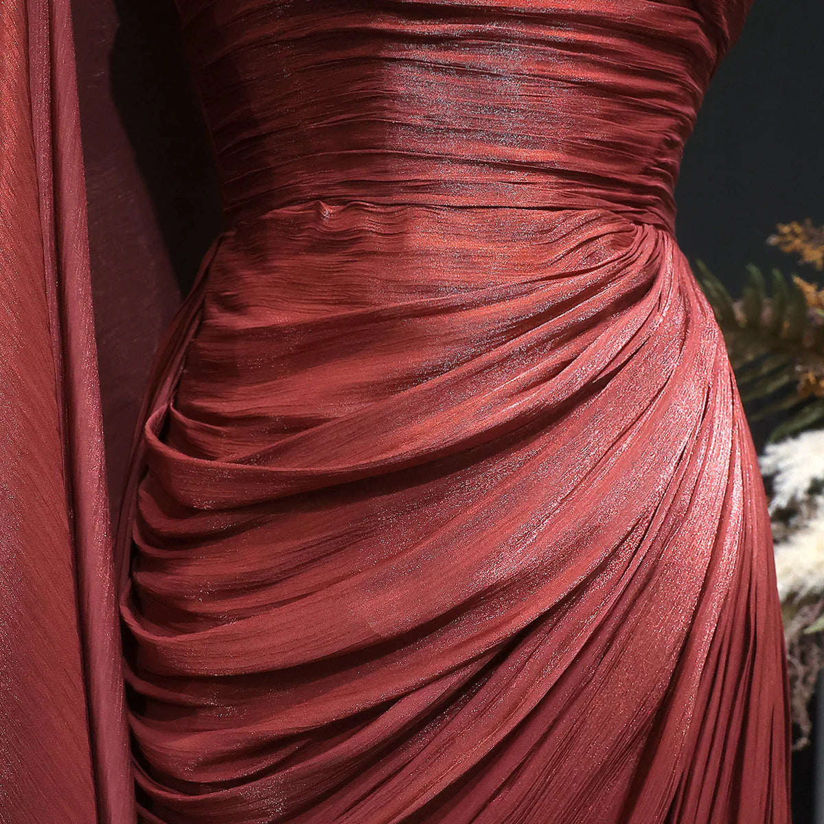 Metallic Ruched One-Shoulder Gown