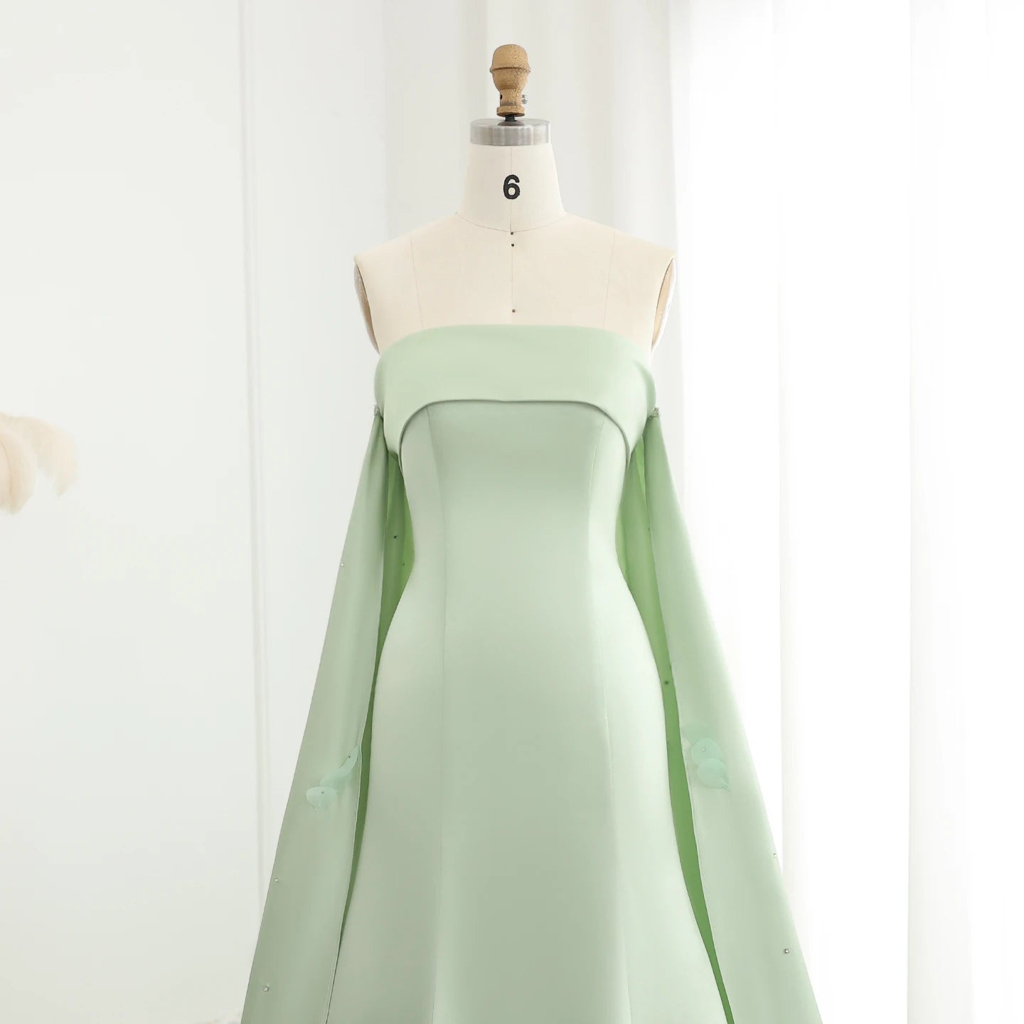 Luxury Crystal 3D flower Sage Green Evening Dress with Cape ns