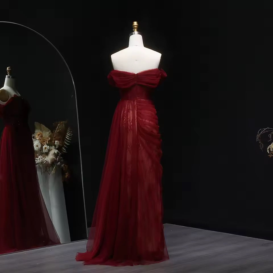 Red Evening Gown with Draped Tulle and Black Embroidery