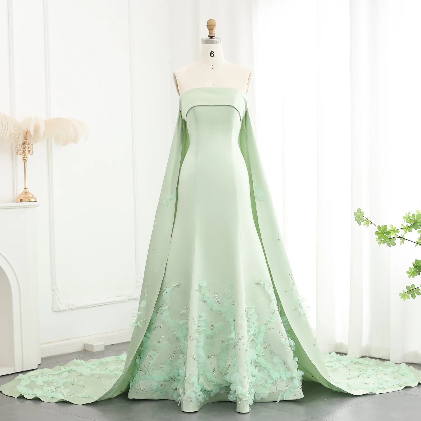 Luxury Crystal 3D flower Sage Green Evening Dress with Cape ns