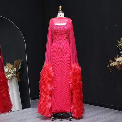 Luxury Beading Purple Evening Dress with Cape Sleeves