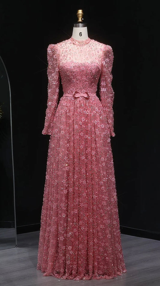 “Dusty Rose” Embroidered Tulle Gown with Long Sleeves and 3D Floral Beading
