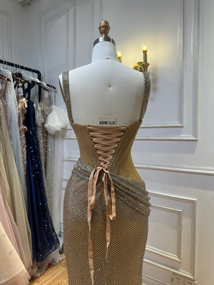 Elegant Beige Evening Dress with Shimmering Crystal Wrap and High Slit