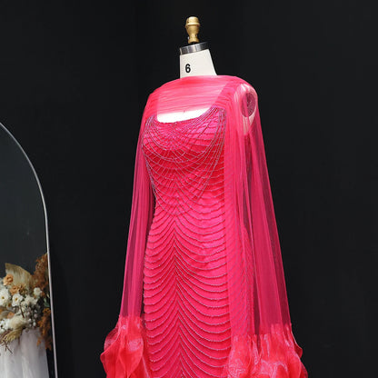 Luxury Beading Purple Evening Dress with Cape Sleeves