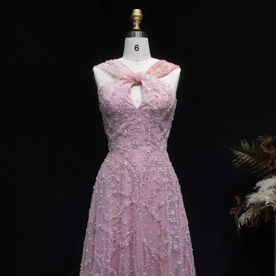 Elegant Dusty Rose Ombré Gown with Crystal Embroidery