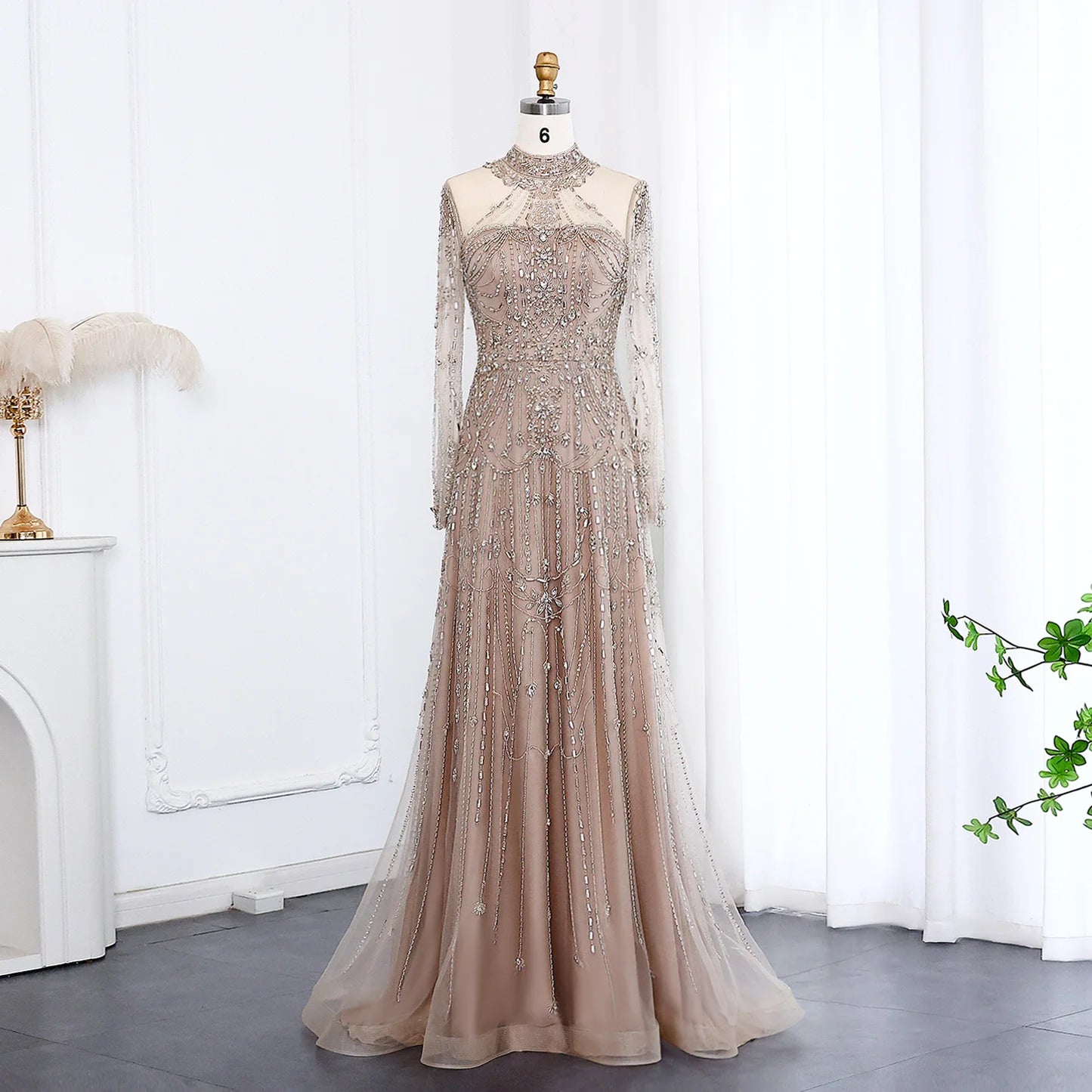 Blue Long Sleeves High Neck Luxury Evening Dress