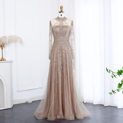 Blue Long Sleeves High Neck Luxury Evening Dress