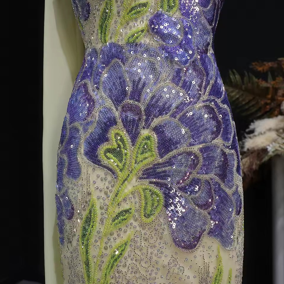 Strapless Floral Sequin Gown with Matching Scarf
