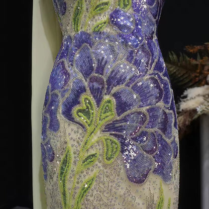 Strapless Floral Sequin Gown with Matching Scarf