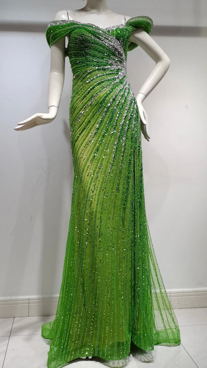 Emerald Enchantment Off-Shoulder Beaded Evening Gown