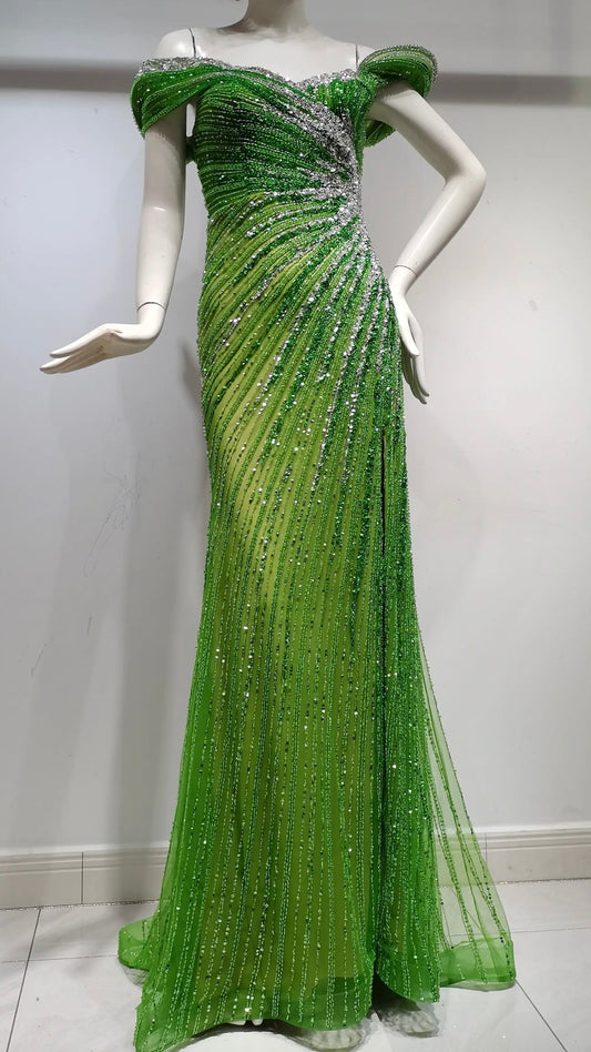 Emerald Enchantment Off-Shoulder Beaded Evening Gown