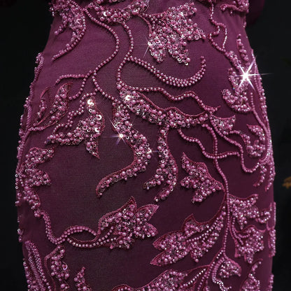 Burgundy "Orchid" Off-Shoulder Gown with Floral Crystal Embroidery and Satin Inset Train