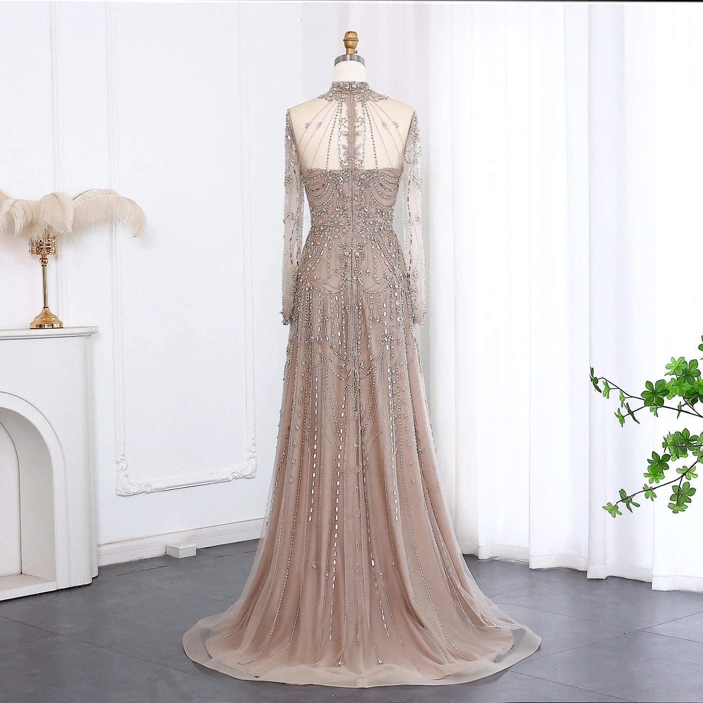 Blue Long Sleeves High Neck Luxury Evening Dress