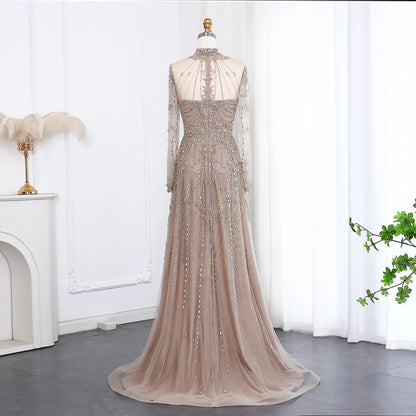 Blue Long Sleeves High Neck Luxury Evening Dress
