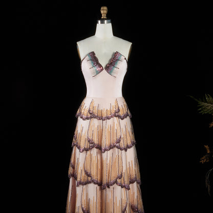 Tiered Crystal-Embellished Gown with Scalloped Petal Layers
