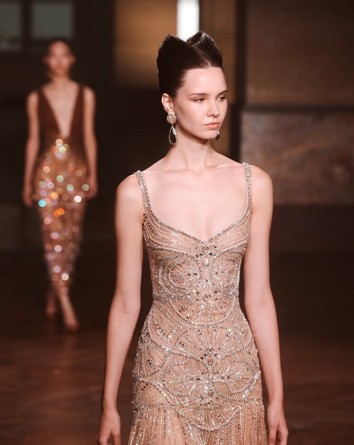 Hand-Embroidered Champagne Couture Gown