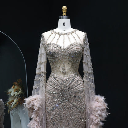 Luxury Caramel Beaded Mermaid Evening Dress with Feather Cape Sleeves