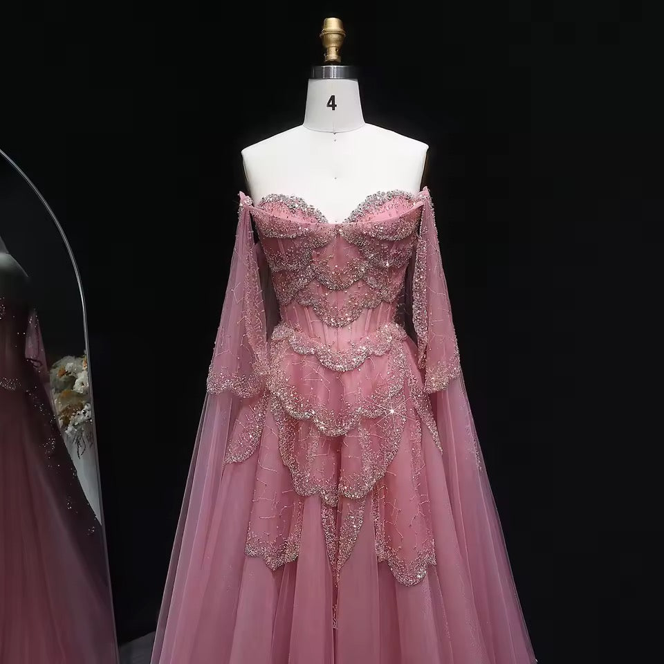 ‏Luxury Sage Green Off-Shoulder Evening Gown with Cape Sleeves