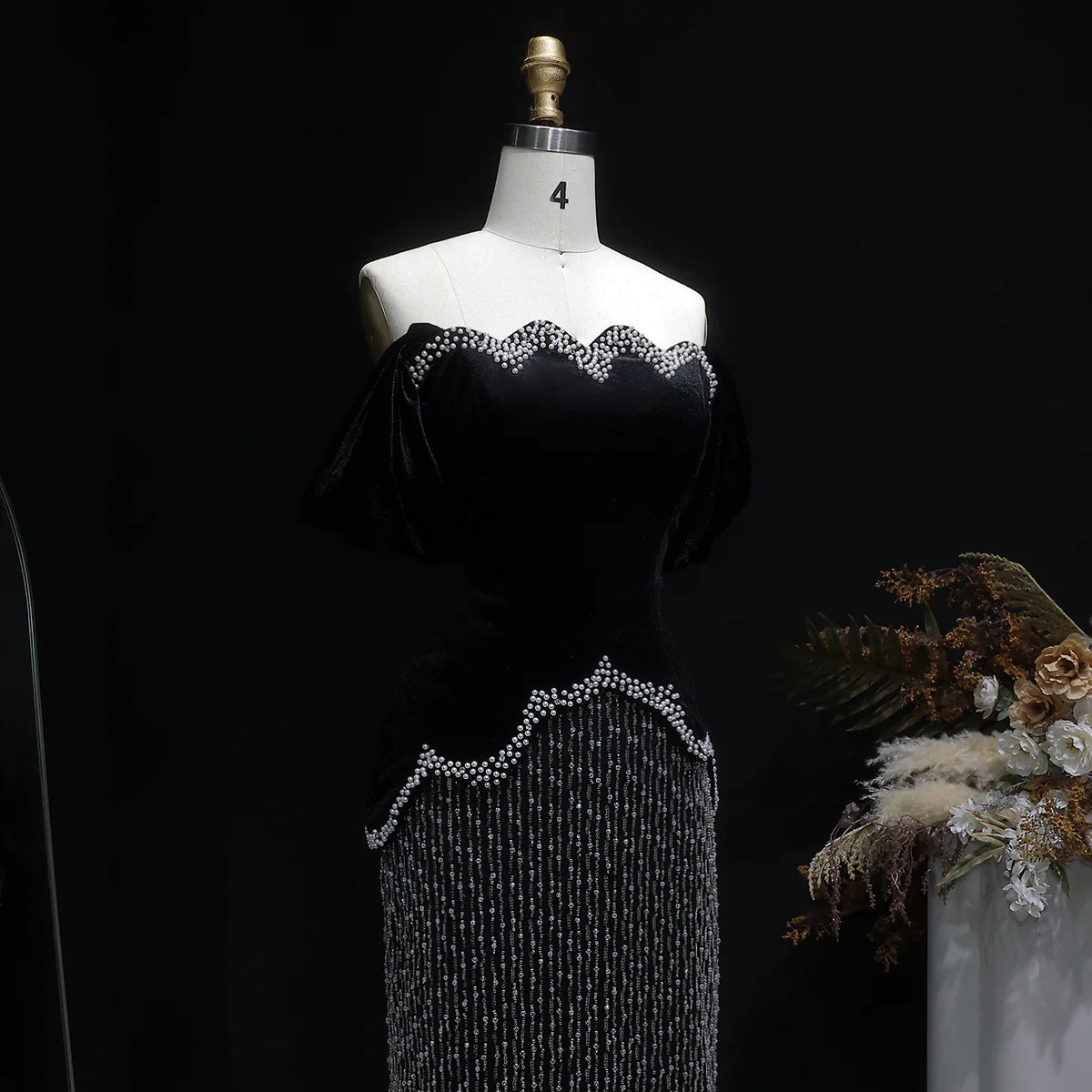 Black Velvet Pearl-Embellished Evening Gown