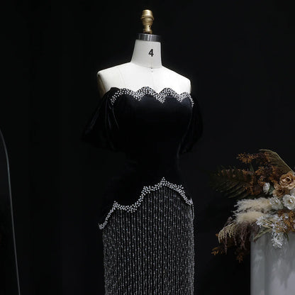 Black Velvet Pearl-Embellished Evening Gown