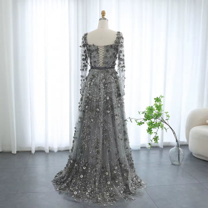 Luxury 3D Flower Long Sleeves Evening Dress