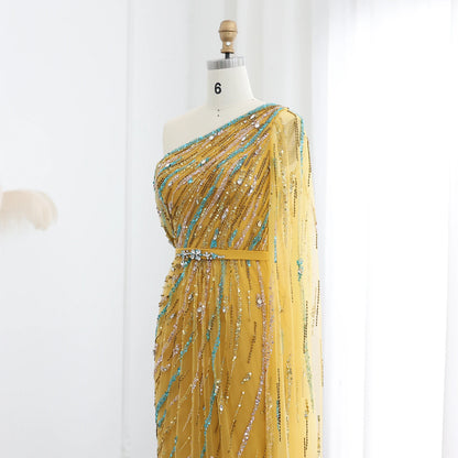 Luxury Gold Yellow Evening Dress with Cape One Shoulder