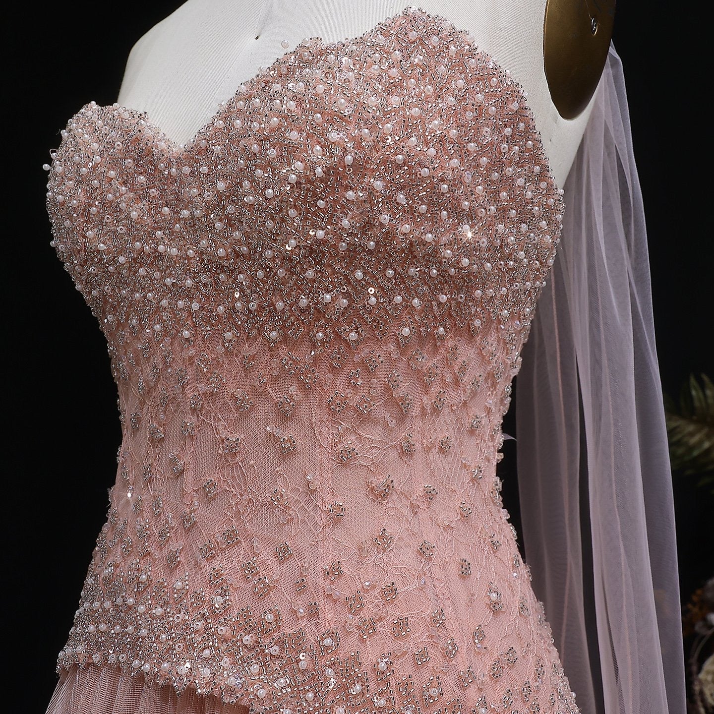 Luxury Dusty Pink Pearl Beaded A-Line Evening Dress With Scarf