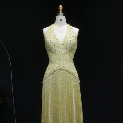 Exquisite Yellow Beaded Halter Neck Deep V Gala Gown