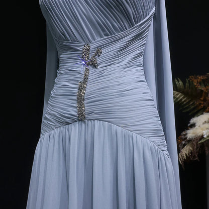 Dusty Blue One-Shoulder Chiffon Gown with Ruched Bodice & Crystal Brooch