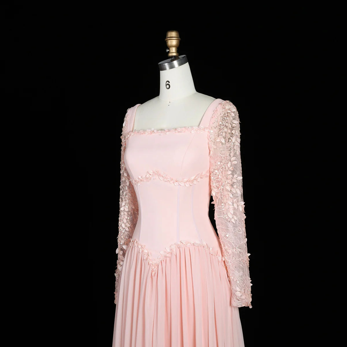 Baby Pink Long-Sleeve Evening Gown with Embellished Lace & V-Waist