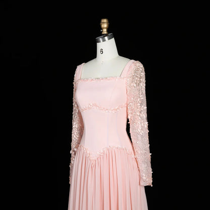 Baby Pink Long-Sleeve Evening Gown with Embellished Lace & V-Waist