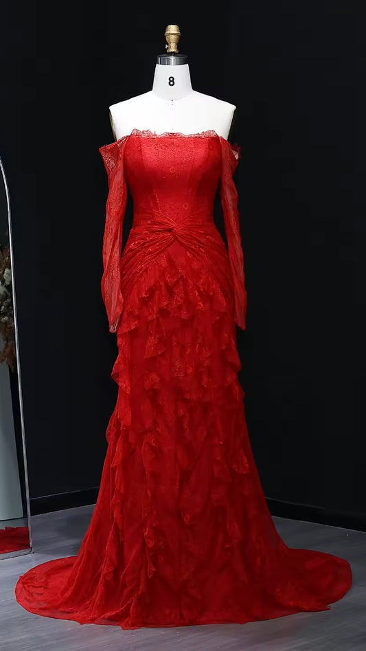 Lace Off Shoulder Evening Dress with Long Sleeves