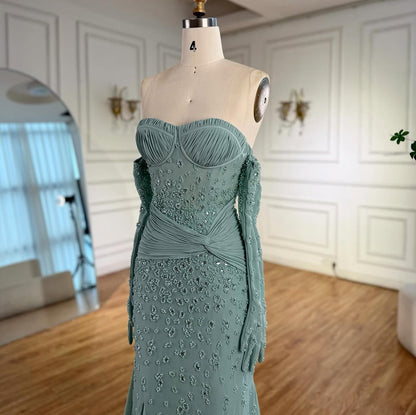 Sage Green Embellished Gown with Coordinated Gloves
